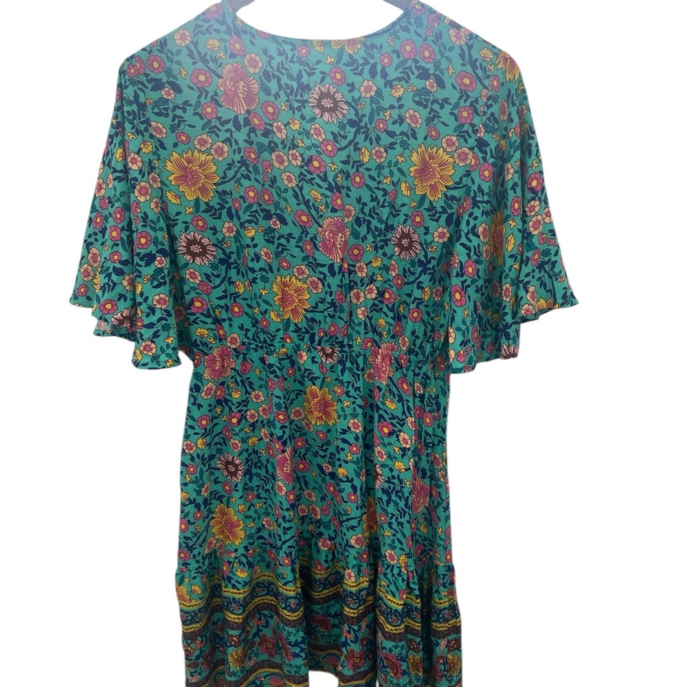 Cupshe Floral Boho Mini Dress Women Sz L V Neck Flutter Sleeve Beach Vacation - Picture 7 of 7